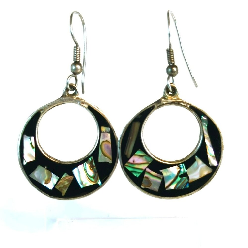 Vintage Alpaca Silver Abalone & Black Enamel Crescent Drop Earrings